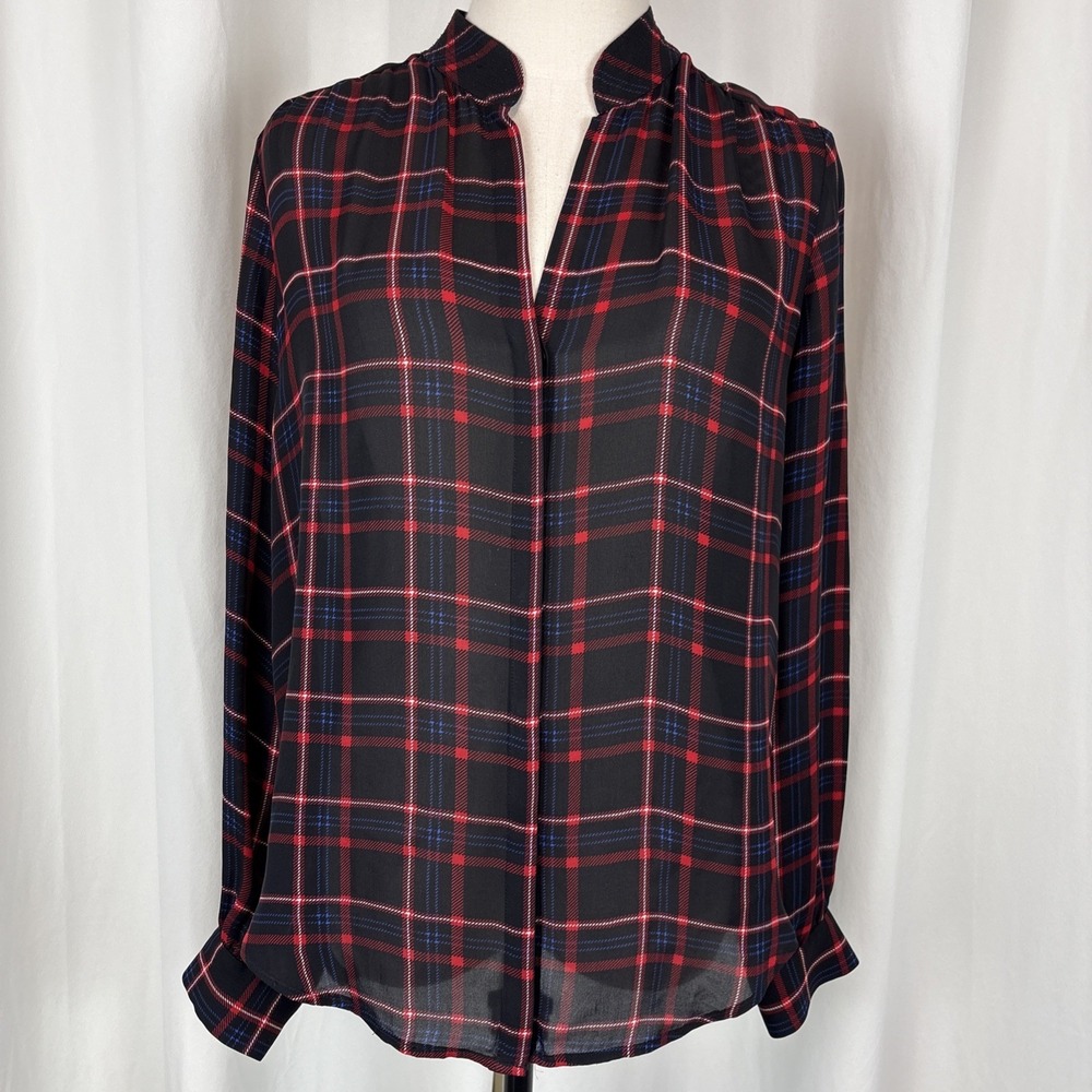 L'AGENCE Red Black Plaid 100% Silk Button Front Blouse Size S Preppy Holiday